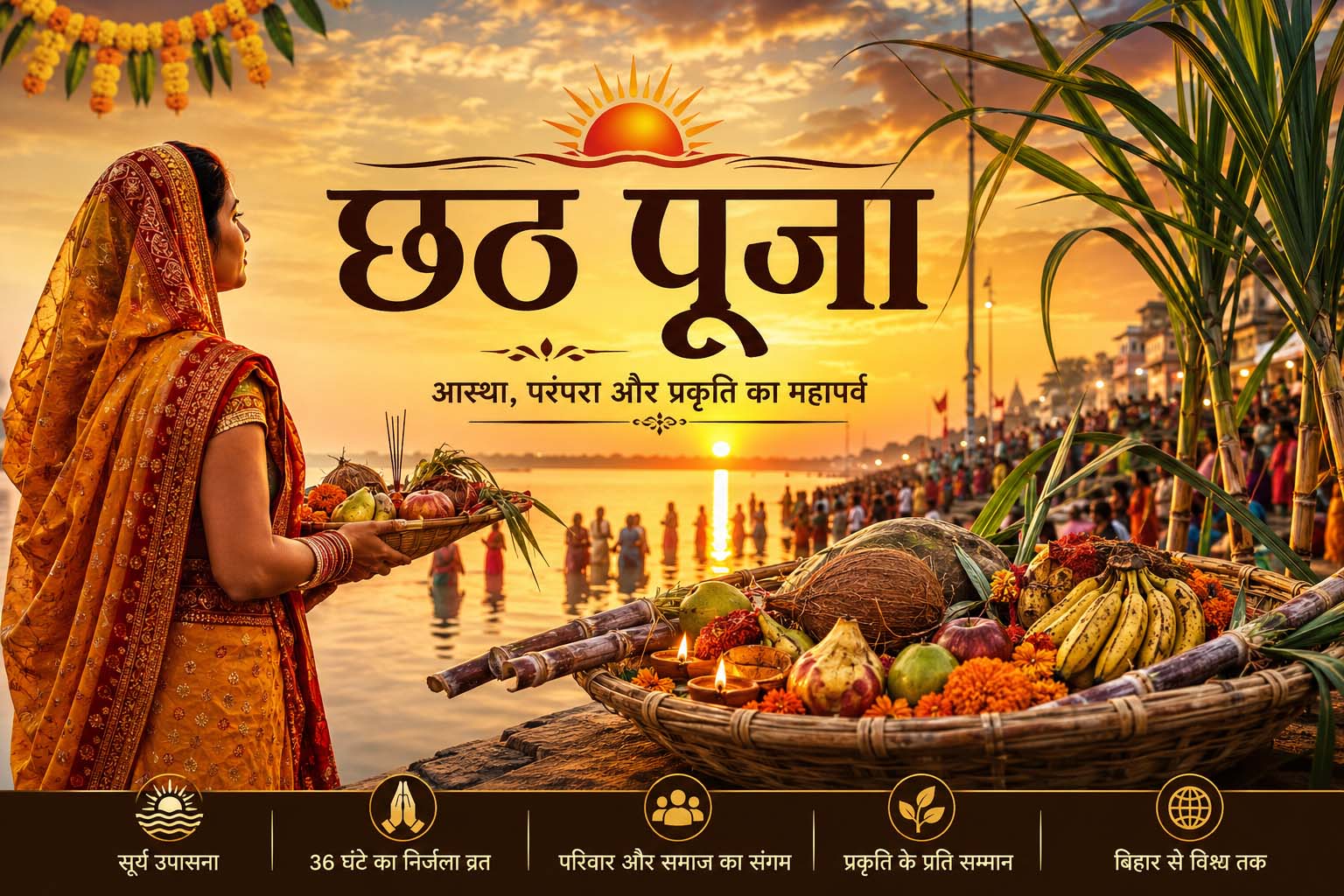 छठ पूजा का पावन इतिहास: छठ पूजा के दौरान उगते सूर्य को अर्घ्य देती महिला और घाट पर श्रद्धालुओं का दृश्य