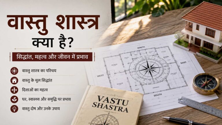 वास्तु शास्त्र क्या है? घर और मंदिर निर्माण में वास्तु शास्त्र का महत्व दिखाती हुई आधुनिक घर और प्राचीन मंदिर की वास्तु आधारित चित्रात्मक डिजाइन