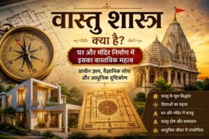 वास्तु शास्त्र क्या है? घर और मंदिर निर्माण में वास्तु शास्त्र का महत्व दिखाती हुई आधुनिक घर और प्राचीन मंदिर की वास्तु आधारित चित्रात्मक डिजाइन
