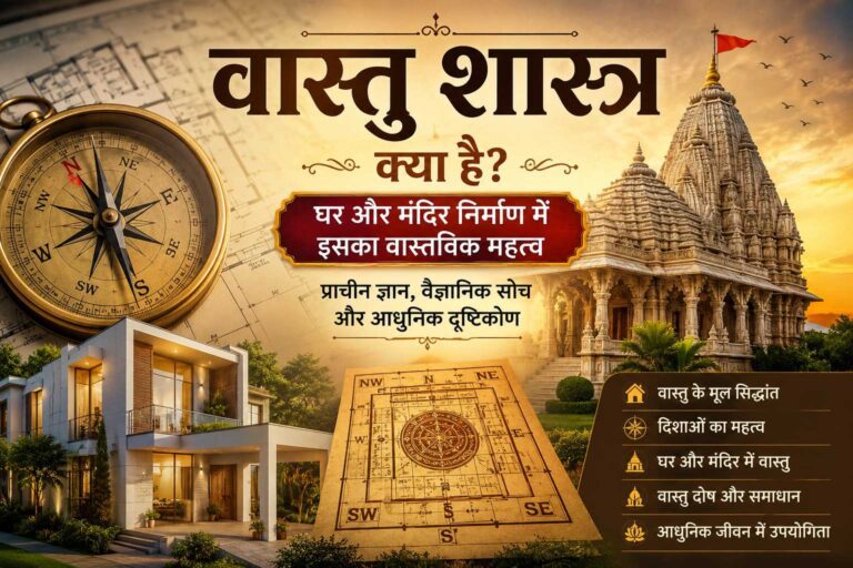 वास्तु शास्त्र क्या है? घर और मंदिर निर्माण में वास्तु शास्त्र का महत्व दिखाती हुई आधुनिक घर और प्राचीन मंदिर की वास्तु आधारित चित्रात्मक डिजाइन