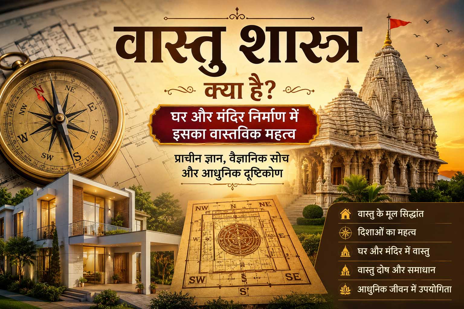 वास्तु शास्त्र क्या है? घर और मंदिर निर्माण में वास्तु शास्त्र का महत्व दिखाती हुई आधुनिक घर और प्राचीन मंदिर की वास्तु आधारित चित्रात्मक डिजाइन